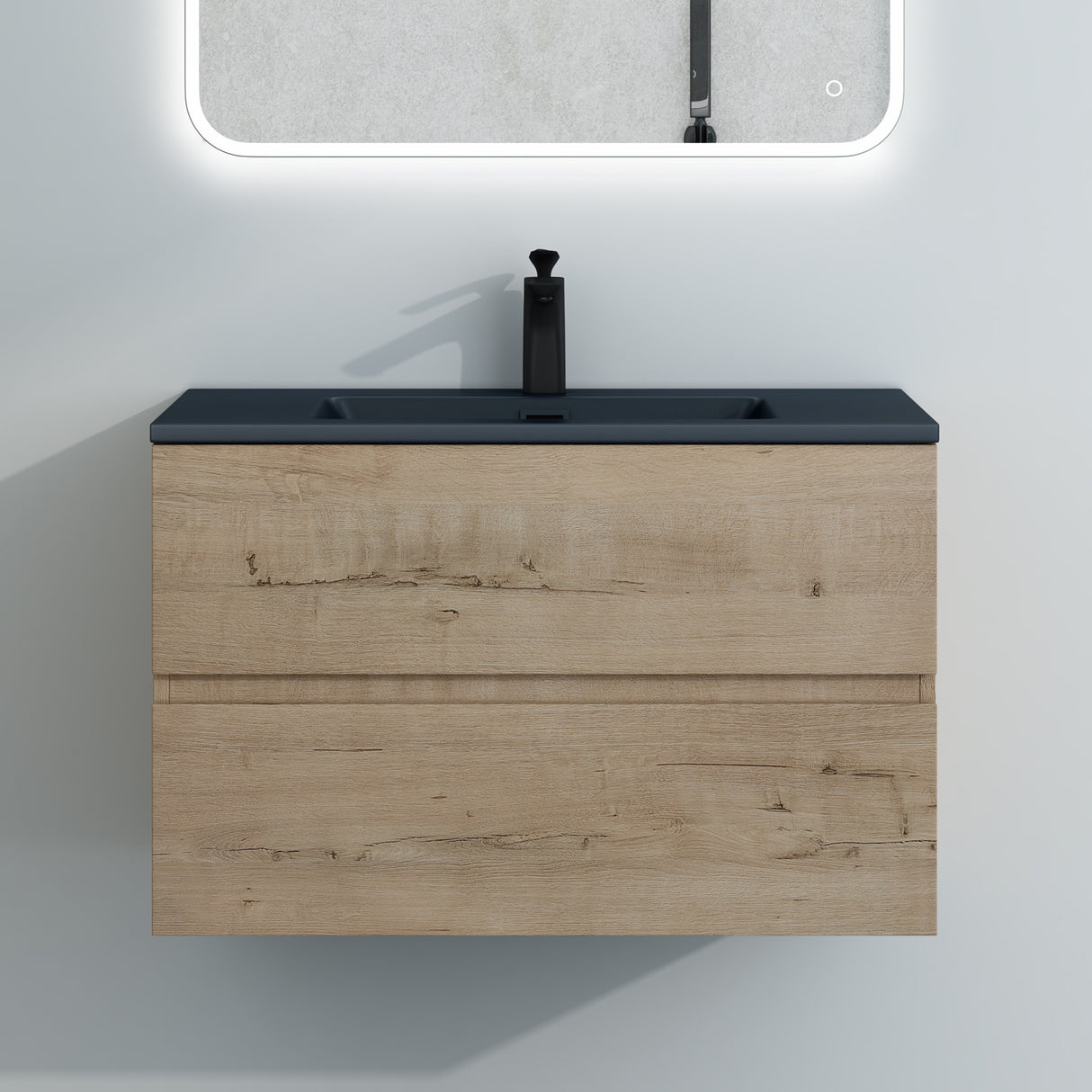 glasvilla Badmöbel-Set Waschtisch mit Unterschrank Mineralguss Waschbecken in Anthrazit Waschbeckenunterschrank 2-Schubladen Soft-Close Aqualis