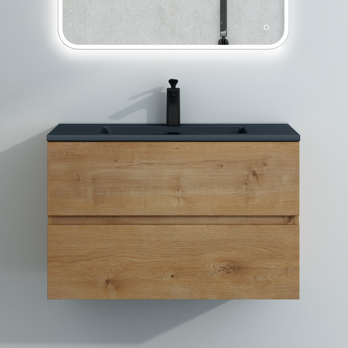 glasvilla Badmöbel-Set Waschtisch mit Unterschrank Mineralguss Waschbecken in Anthrazit Waschbeckenunterschrank 2-Schubladen Soft-Close Aqualis