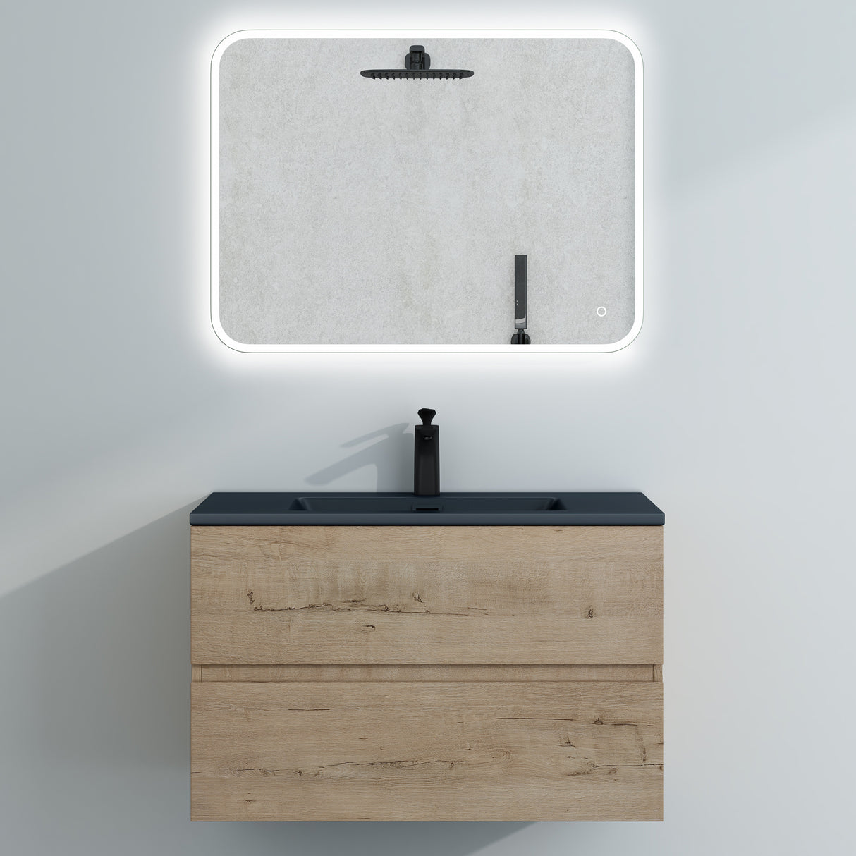 glasvilla Badmöbel-Set Waschtisch mit Unterschrank Mineralguss Waschbecken in Anthrazit Waschbeckenunterschrank 2-Schubladen Soft-Close Aqualis