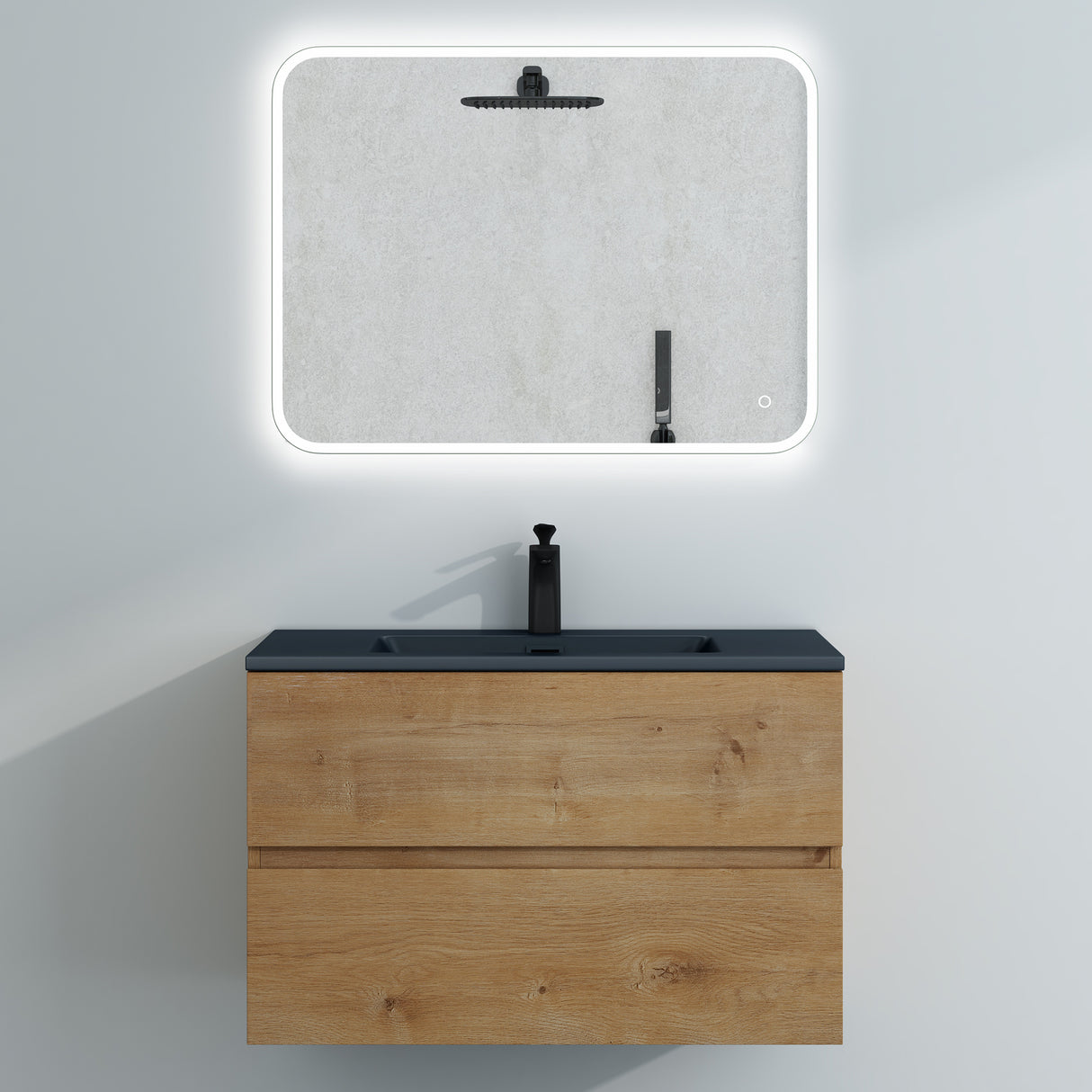 glasvilla Badmöbel-Set Waschtisch mit Unterschrank Mineralguss Waschbecken in Anthrazit Waschbeckenunterschrank 2-Schubladen Soft-Close Aqualis