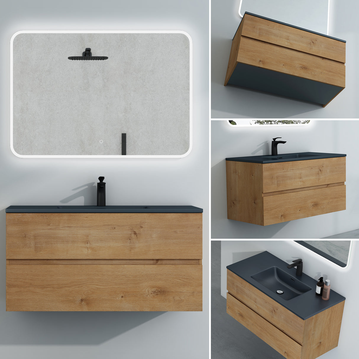 glasvilla Badmöbel-Set Waschtisch mit Unterschrank Mineralguss Waschbecken in Anthrazit Waschbeckenunterschrank 2-Schubladen Soft-Close Aqualis