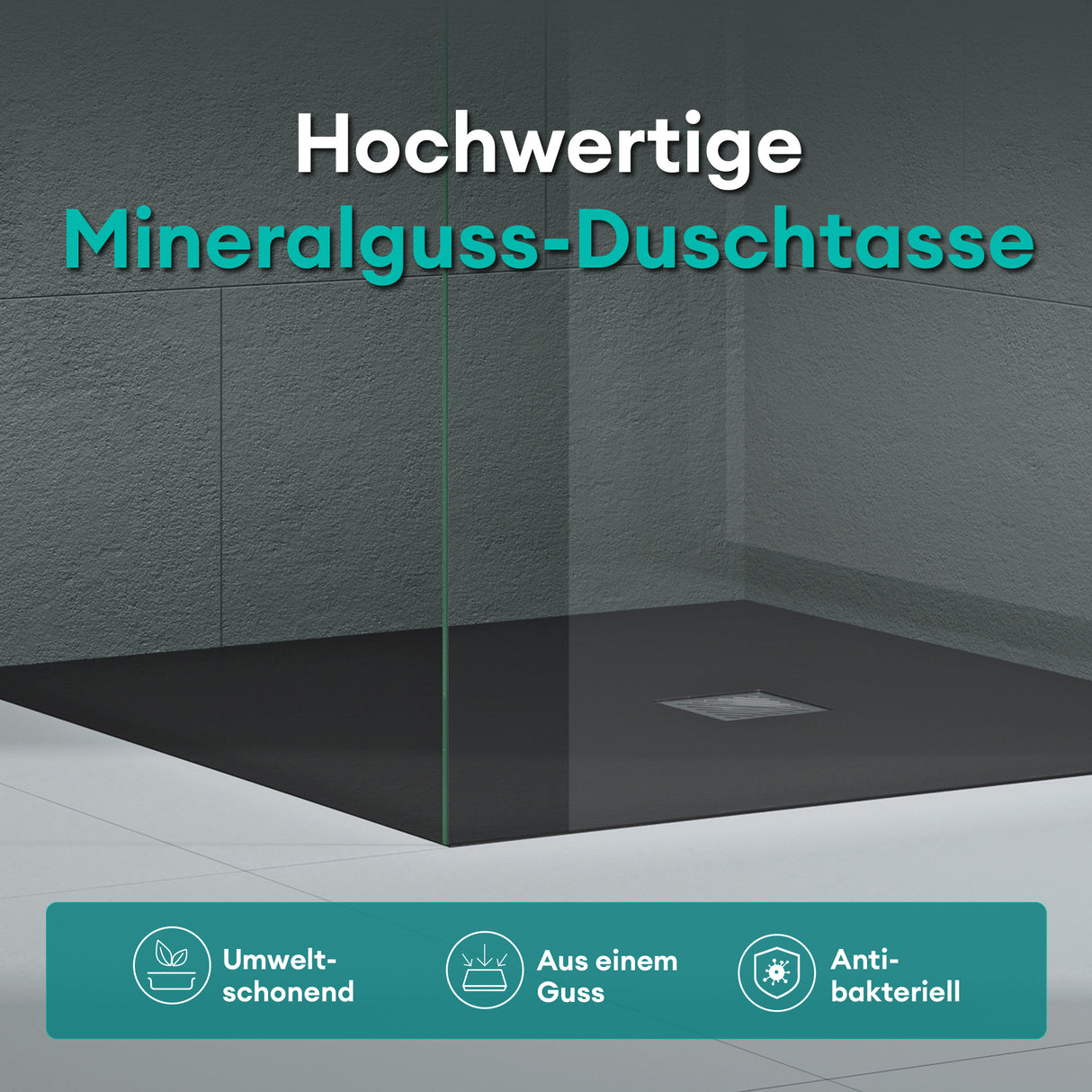 Glasvilla Design – Plato de ducha de mineralguss Geoma09, altura 3 cm, montaje a ras de suelo