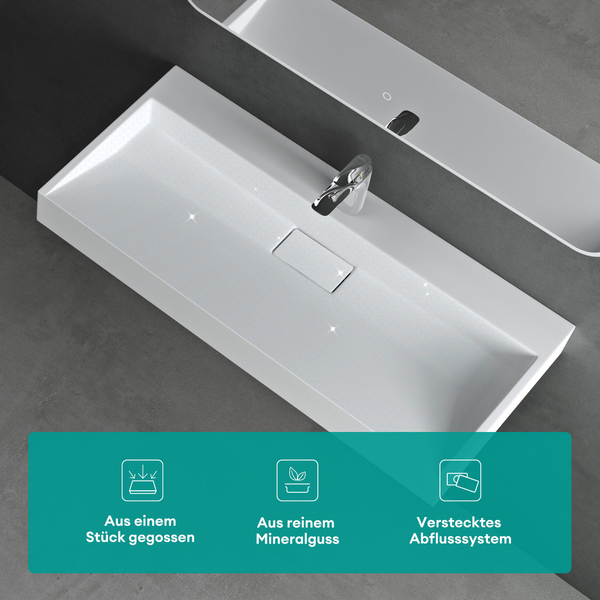 lavabo Glasvilla, lavabo à poser, lavabo suspendu, meuble vasque suspendu avec bonde, en fonte minérale, zone de vasque rectangulaire col19