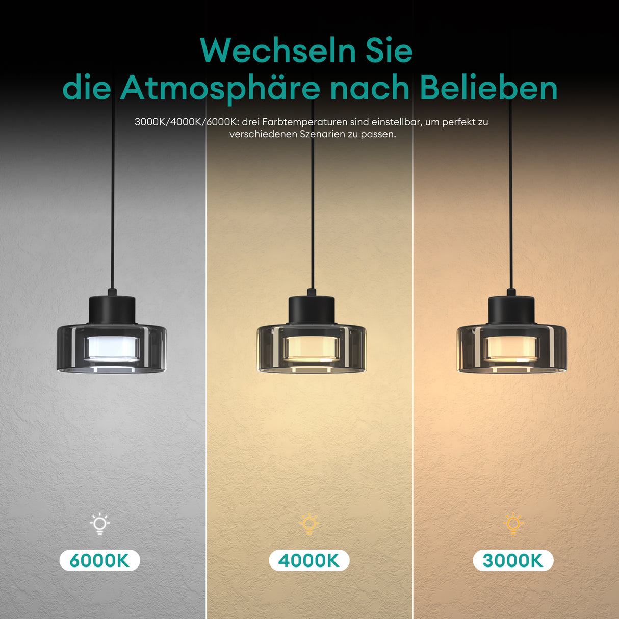 glasvilla Lampadario a Sospensione Temperature di Colore 3000K/4000K/6000K Lampada da Soffitto a Sospensione con Cavo Regolabile per Sala da Pranzo, Camera da Letto e Soggiorno