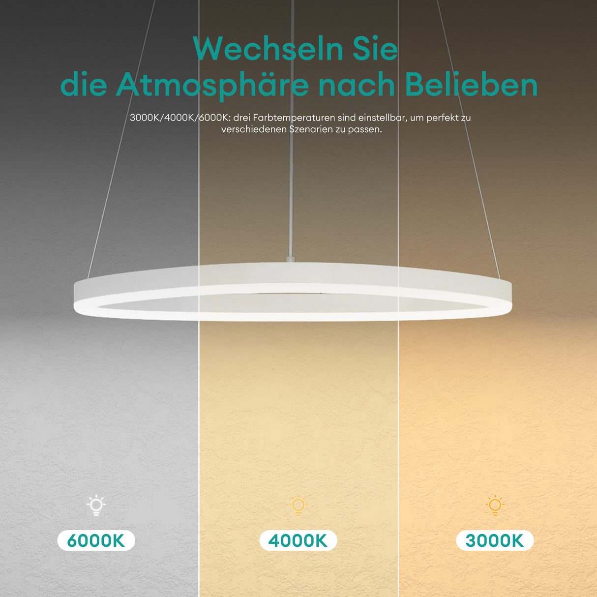 glasvilla Lampadario a Sospensione 16W, 50CM, Lampada da Soffitto a Sospensione 3000K/4000K/6000K con Cavo Regolabile per Camera da Letto e Soggiorno