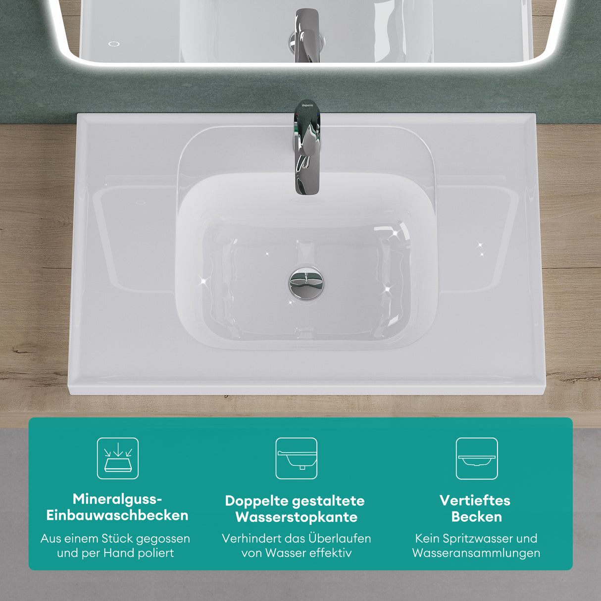 glasvilla Lavabo Brillante Blanco Lavabo de Empotrar Lavabo Mineral Rectangular Área de Lavado Col3601