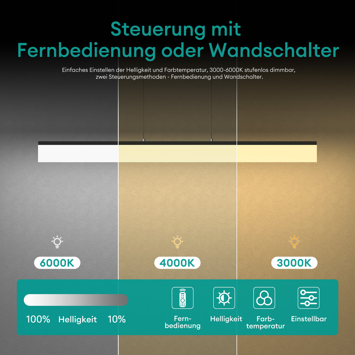 glasvilla Lampadario a Sospensione con Cavo Regolabile Lampada da Soffitto a Sospensione LED Dimmerabile con Telecomando per Sala da Pranzo, Camera da Letto e Soggiorno