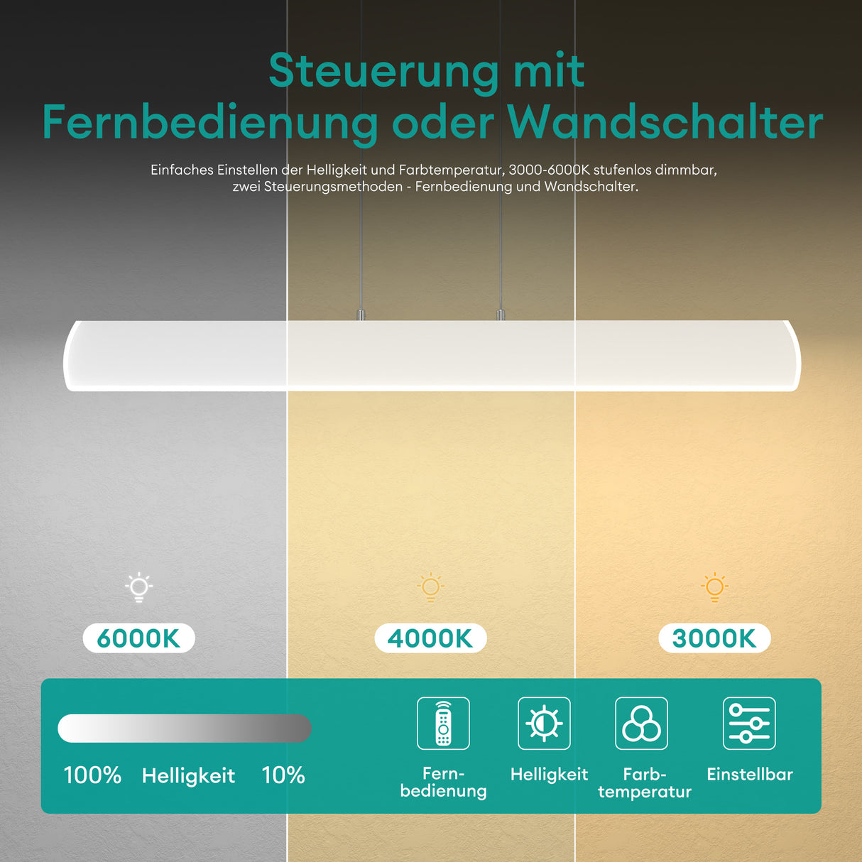glasvilla Pendelleuchte 100cm LED Hängelampe Dimmbar mit Fernbedienung 3000K/4000K/6000K Verstellbares Kabel 20W Hängeleuchte für Esszimmer Wohnzimmer Schlafzimmer