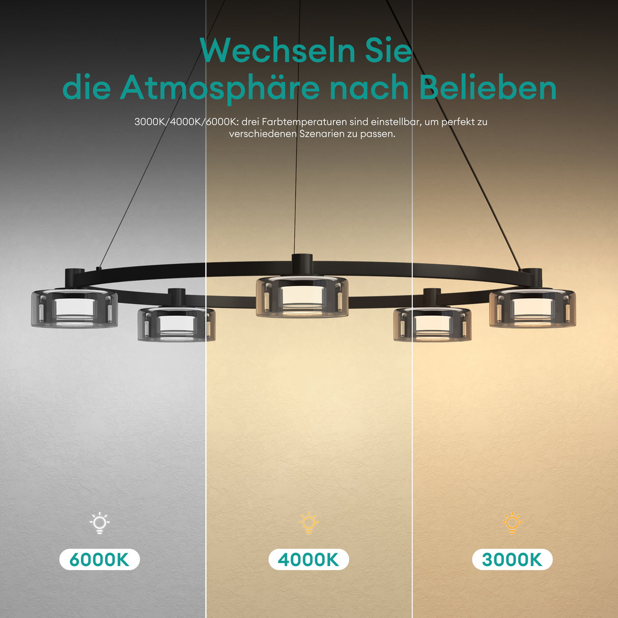 glasvilla Lampadario a Sospensione Temperature di Colore 3000K/4000K/6000K Lampada da Soffitto a Sospensione con Cavo Regolabile per Sala da Pranzo, Camera da Letto e Soggiorno
