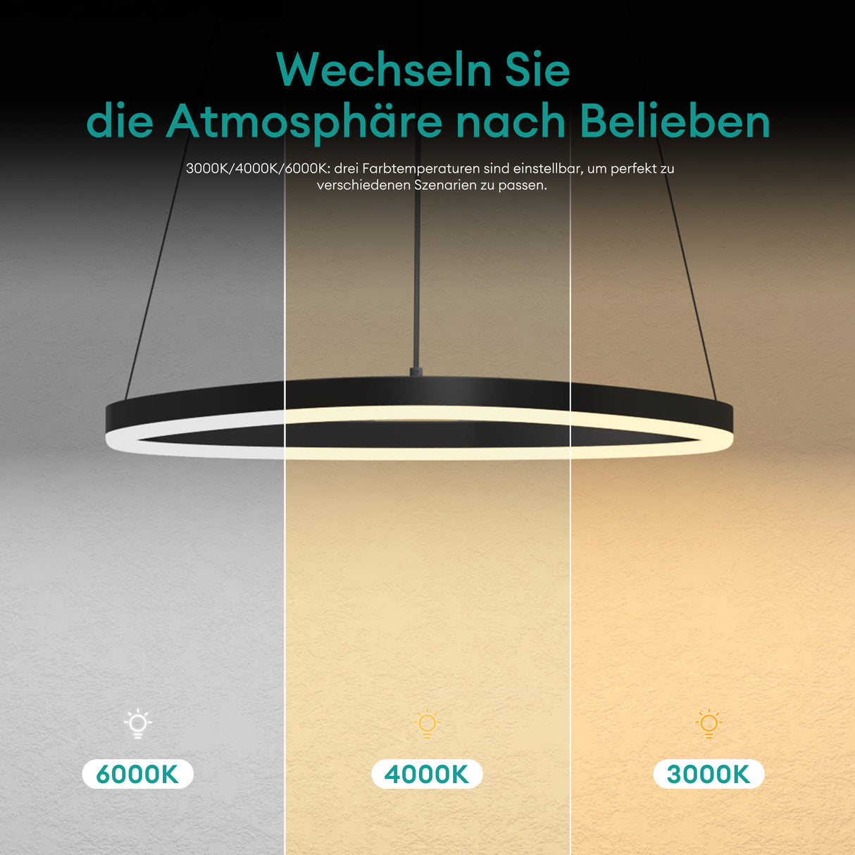 glasvilla Pendelleuchte 50cm LED Hängelampe Dynamisches Wellendesign 3000K/4000K/6000K Verstellbares Kabel 16W Hängeleuchte für Esszimmer Wohnzimmer Schlafzimmer