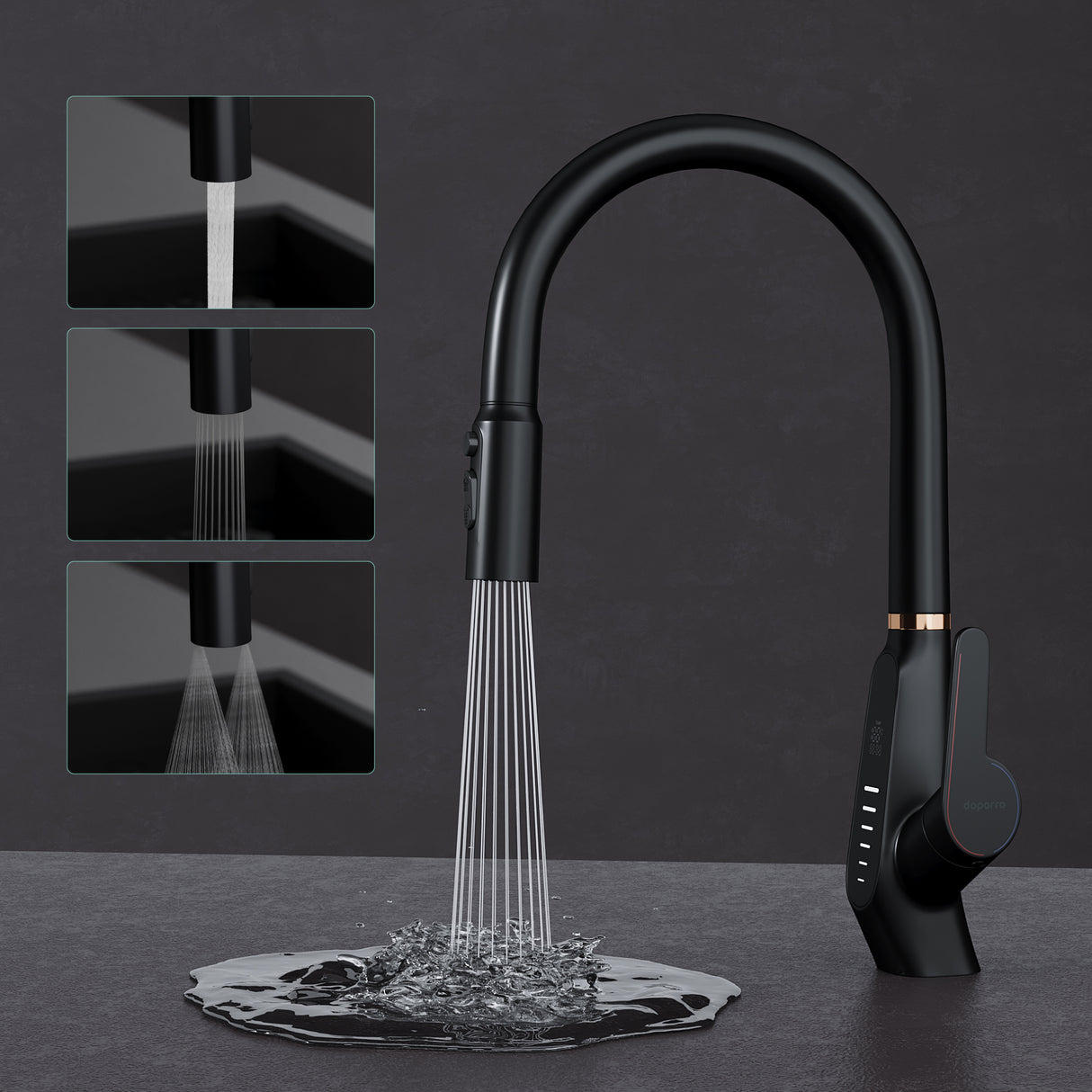 glasvilla Rubinetto da Cucina Estraibile con 3 Modalità e di Getto e Display digitale a LED Rubinetto per Lavello con Tubi e Accesorri Ruotabile a 360° MS-8085