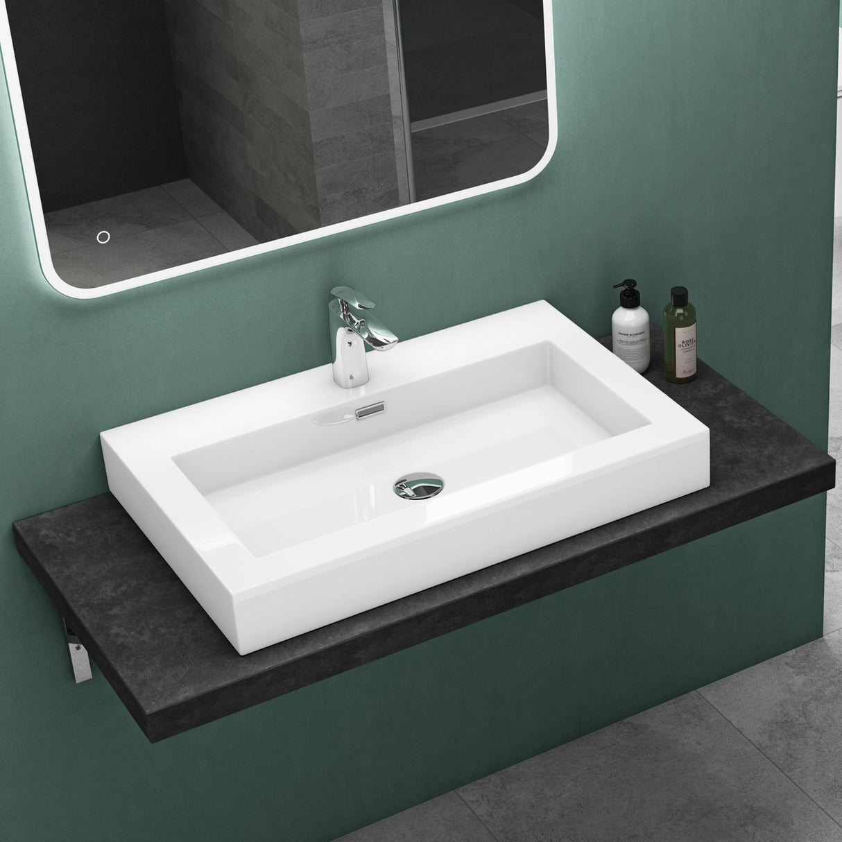 glasvilla Waschbecken Col18 Hängewaschtisch Aufsatzwaschbecken Mineralguss 1 Armaturenloch rechteckig
