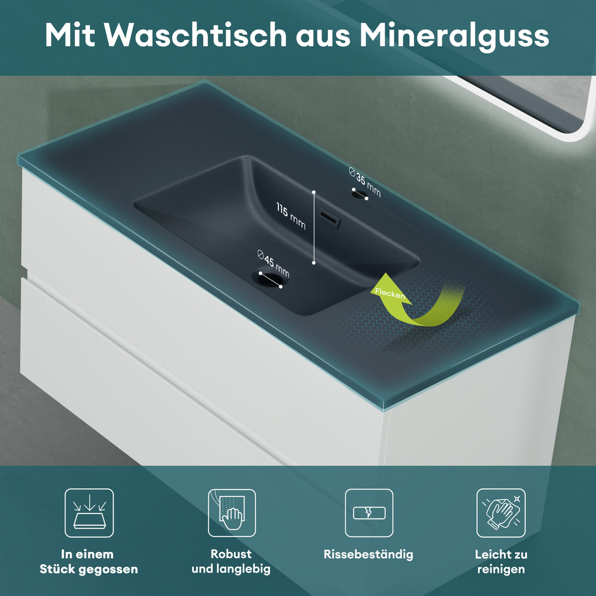 glasvilla Badmöbel-Set Waschtisch mit Unterschrank Mineralguss Waschbecken in Anthrazit Waschbeckenunterschrank 2-Schubladen Soft-Close Aqualis