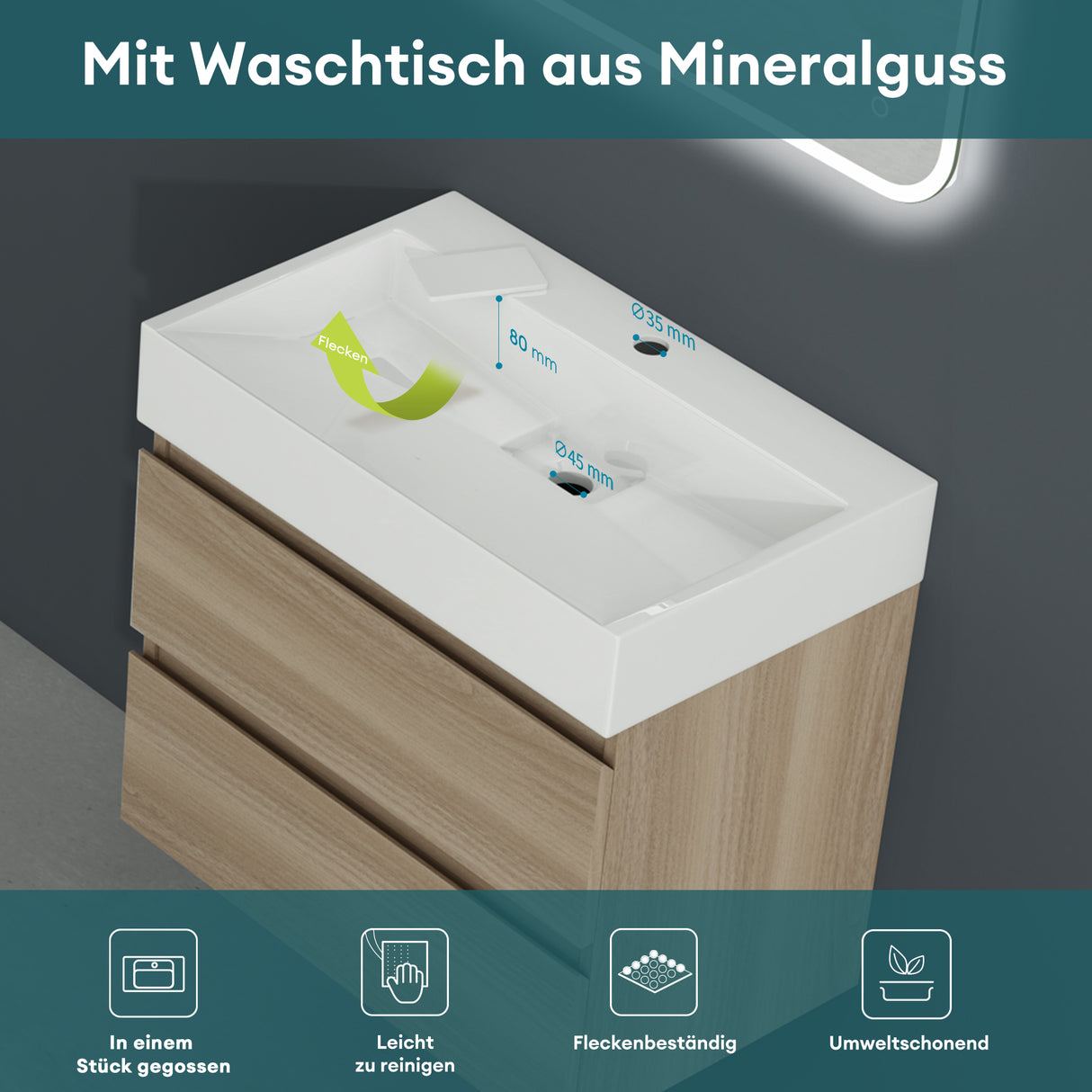 conjunto de muebles de baño glasvilla lavabo bajo encimera Verona con 2 cajones incluido lavabo y juego de desagüe