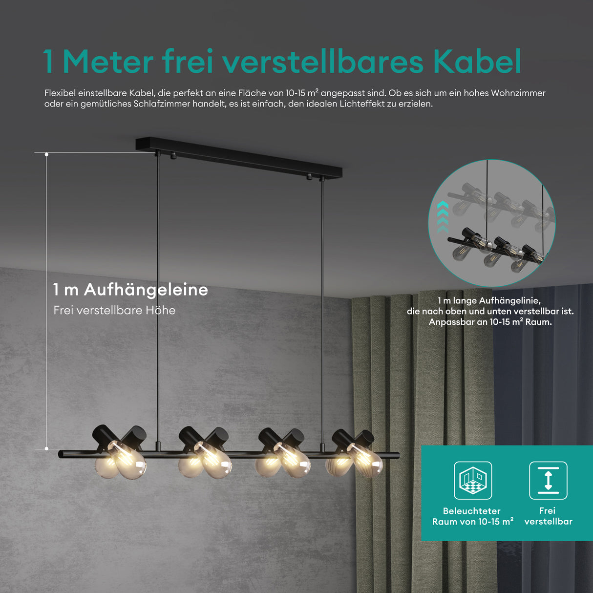 glasvilla Lampadario a Sospensione 120CM Lampada da Soffitto a Sospensione Temperature di Colore 4000K con Cavo Regolabile per Sala da Pranzo, Camera da Letto e Soggiorno