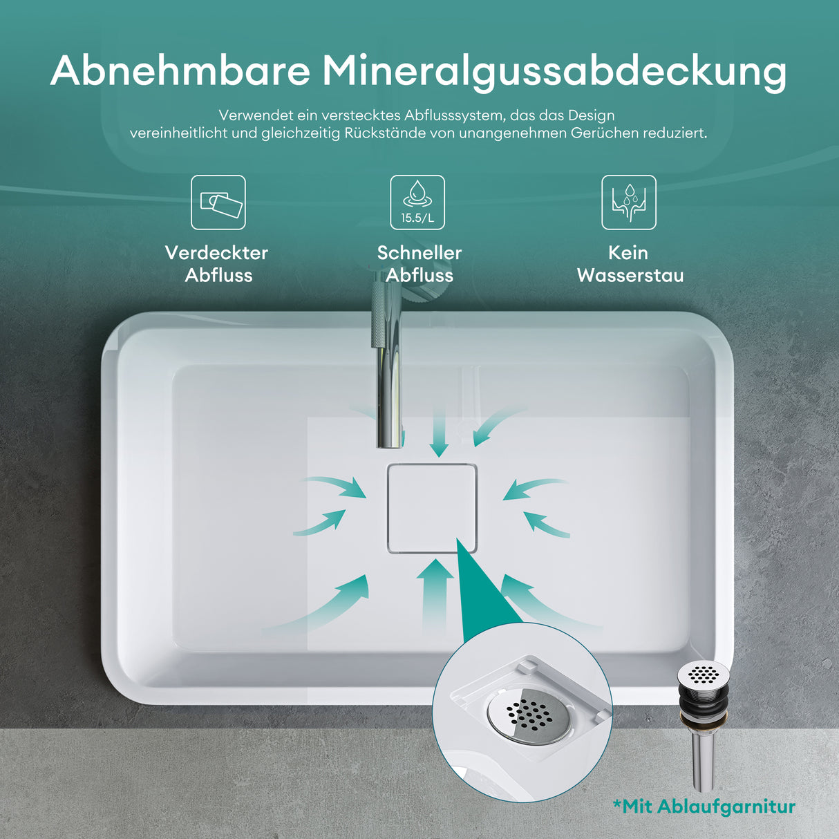 glasvilla Lavabo da Incasso da Marmo Fuso Lavandino Bagno da Appoggio con Coperchio di Scarico Col104