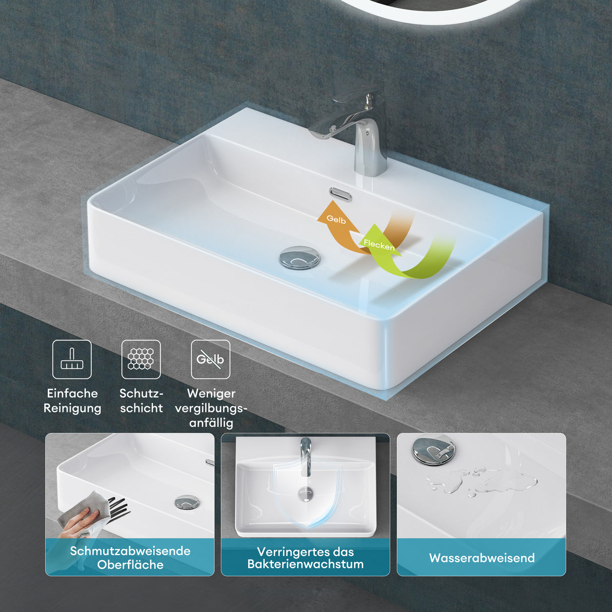 glasvilla Lavabo da Appoggio in Ceramica Lavabo Bagno Sospeso Lavandino Bagno con Nano Rivestimenti Meissen201