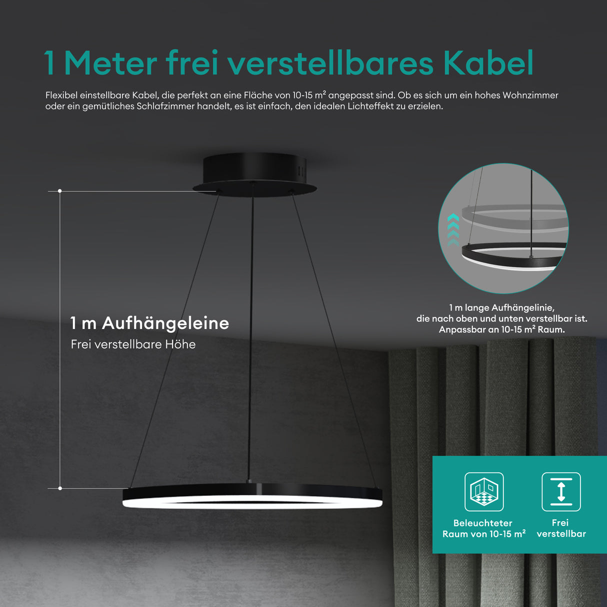 glasvilla Lampadario a Sospensione 16W, 50CM, Lampada da Soffitto a Sospensione 3000K/4000K/6000K con Cavo Regolabile per Camera da Letto e Soggiorno