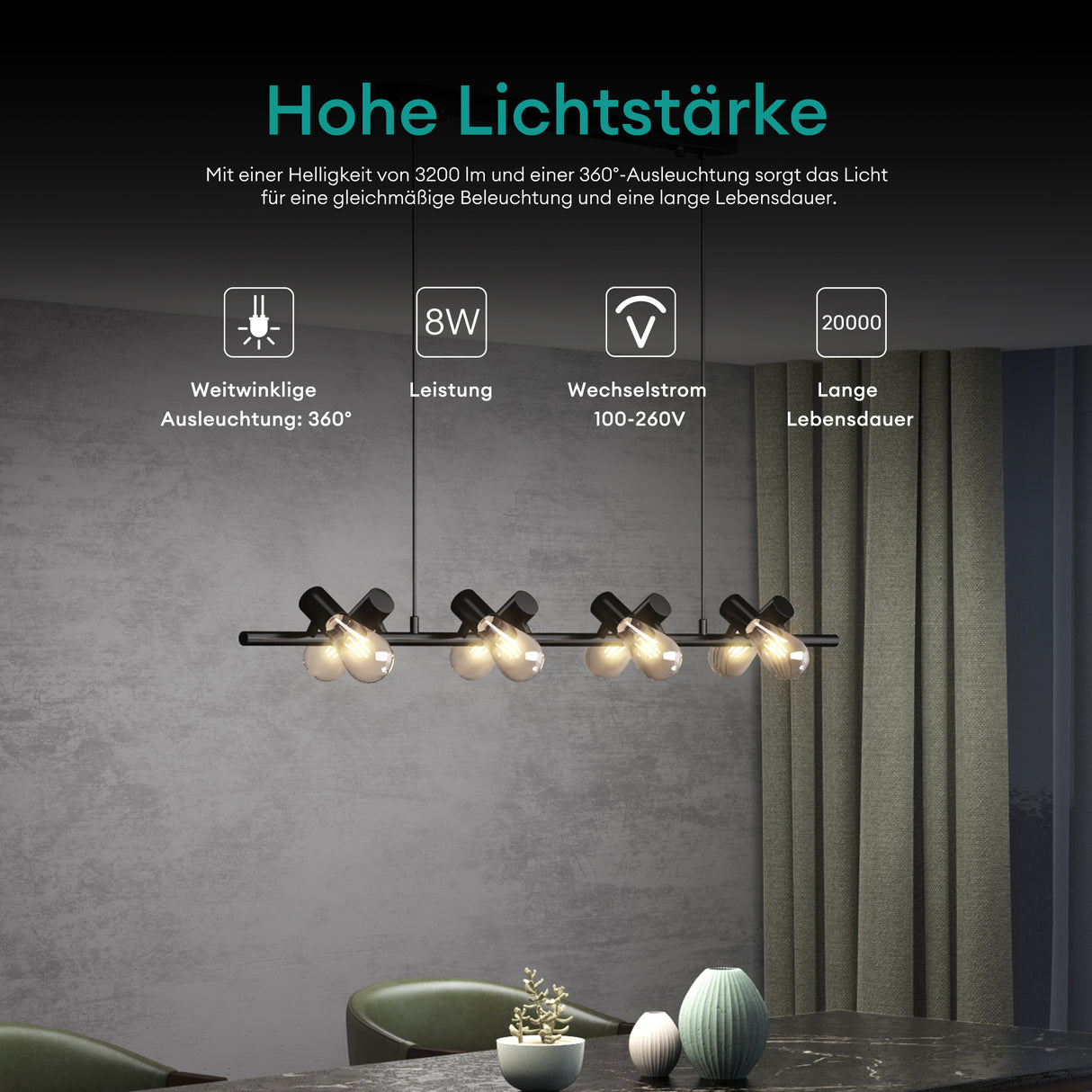 glasvilla Lampadario a Sospensione 120CM Lampada da Soffitto a Sospensione Temperature di Colore 4000K con Cavo Regolabile per Sala da Pranzo, Camera da Letto e Soggiorno