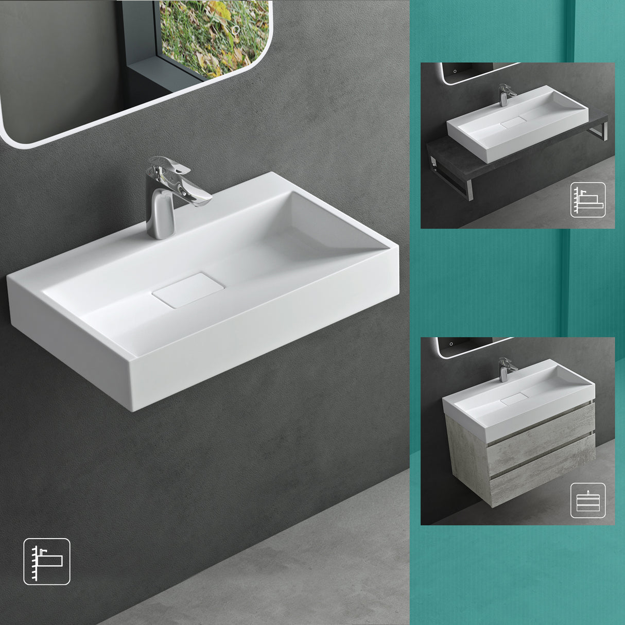 glasvilla Lavabo da Appoggio da Marmo fuso Lavabo Bagno Sospeso Lavandino Bagno Rettangolare Scarico Incluso Colossum19
