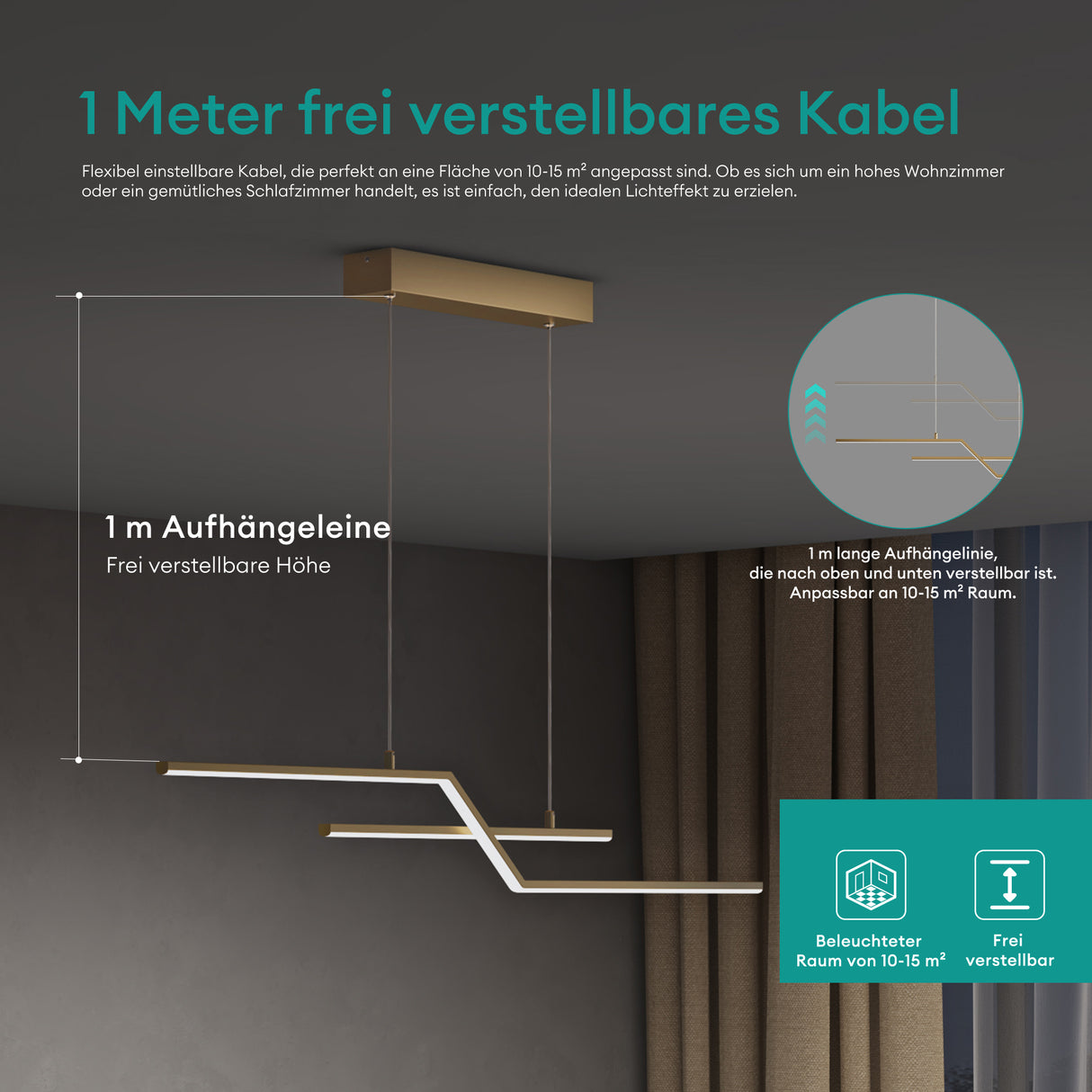 glasvilla Lampadario a Sospensione 18W, 105CM, Lampada da Soffitto a Sospensione 3000K/4000K/6000K con Cavo Regolabile per Camera da Letto e Soggiorno