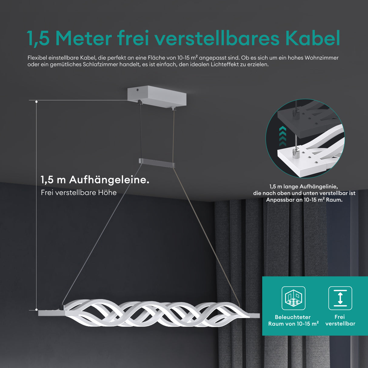 glasvilla Lampadario a Sospensione 60W, 106CM, Lampada da Soffitto a Sospensione Dimmerabile con Telecomando 3000K/4000K/6000K e Cavo Regolabile per Camera da Letto e Soggiorno
