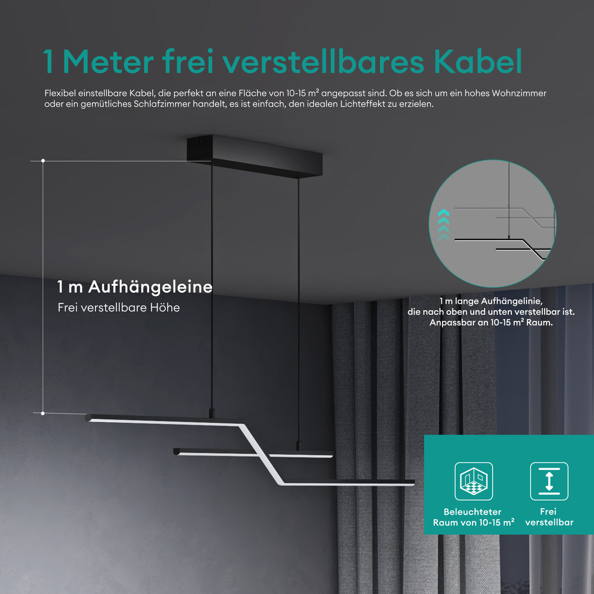 Suspension Glasvilla 105 cm, lampe LED suspendue au design linéaire, 3000K/4000K/6000K, câble réglable, 18 W, idéale pour salle à manger, salon ou chambre.