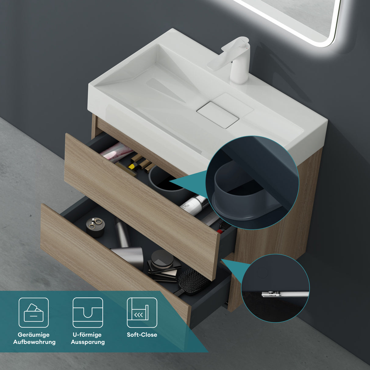 conjunto de muebles de baño glasvilla lavabo bajo encimera Verona con 2 cajones incluido lavabo y juego de desagüe