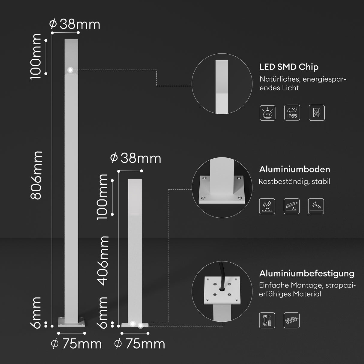 glasvilla Lampada da Giardino IP65 Lampada da Terra per Giardino 3000K | Lampada da Terra per Esterni 3W Luce da Percorso Esterno per Giardini, Parchi, Aree Residenziali e Ingressi Deus Lumina
