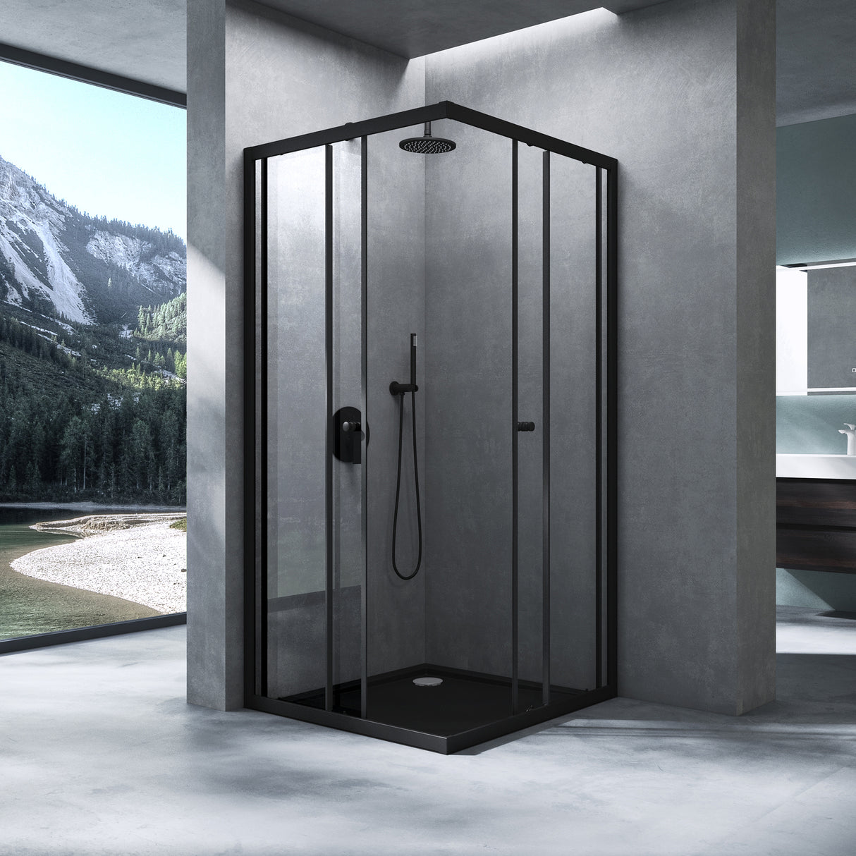 Cabine de douche Glasvilla avec double porte coulissante, porte d'angle, verre véritable effet lotus, verre de sécurité trempé 6 mm Ravenna16K noir