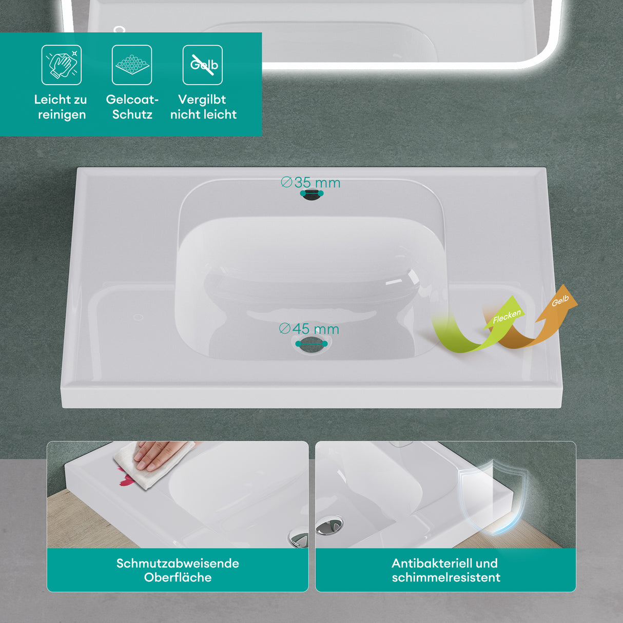 glasvilla Lavabo Brillante Blanco Lavabo de Empotrar Lavabo Mineral Rectangular Área de Lavado Col3601