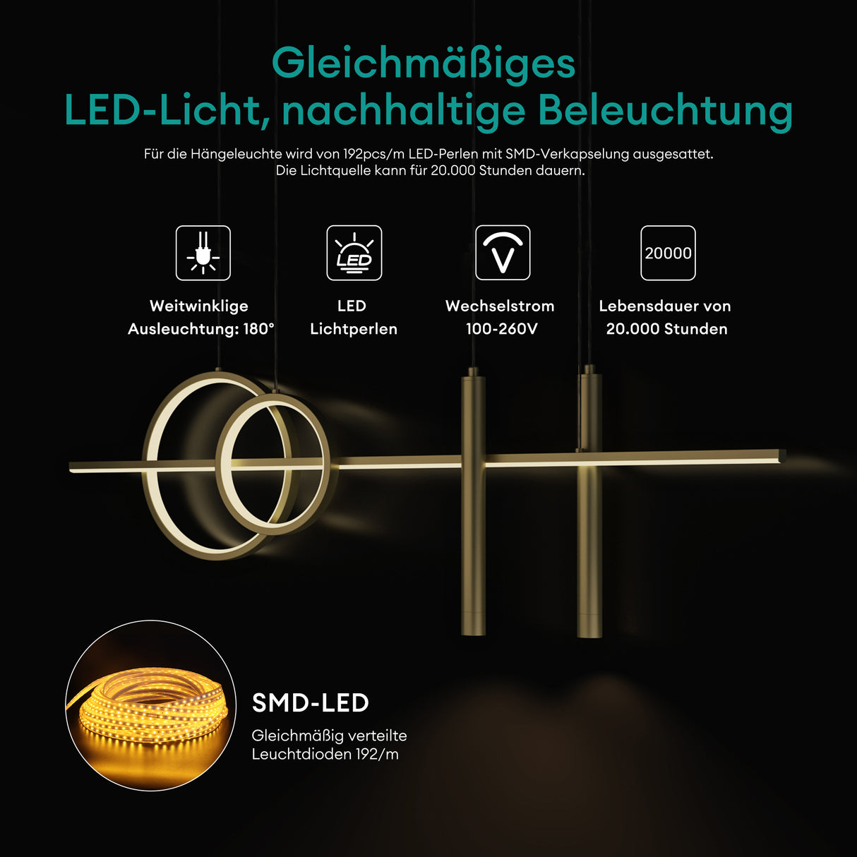 glasvilla Pendelleuchte 100cm LED Hängelampe Linear design 3000K/4200K/6000K Verstellbares Kabel 30W Hängeleuchte Alivetta2256