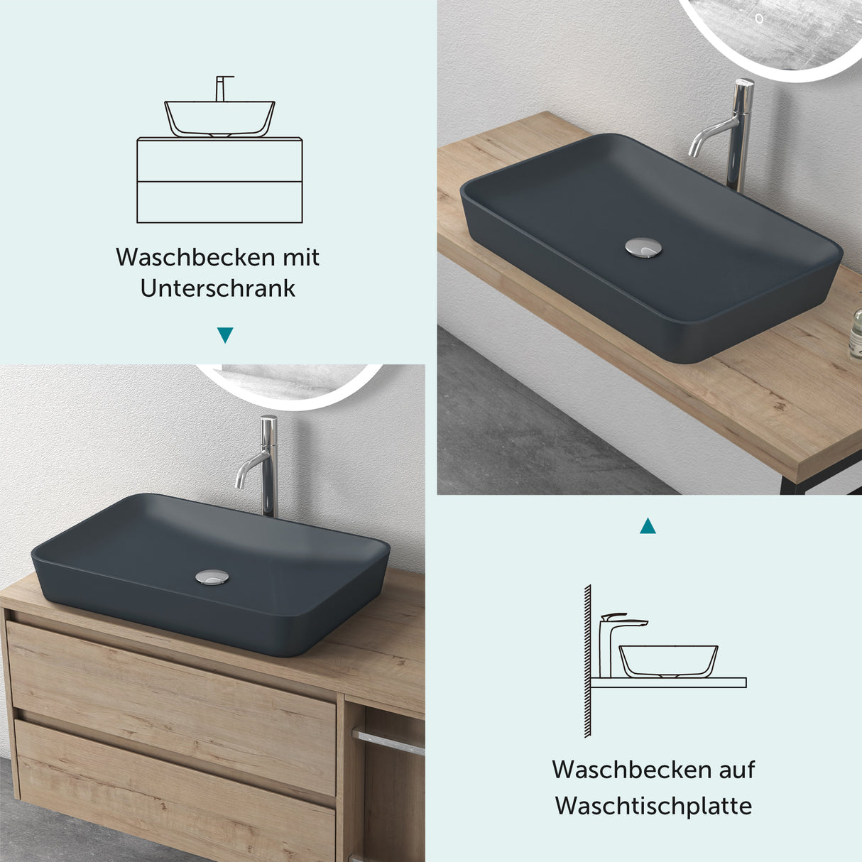 glasvilla Lavabo Lavabo sobre encimera de mineral compuesto Cuenco de lavabo mueble de baño incl. Conexiones estándar DIN-Col815