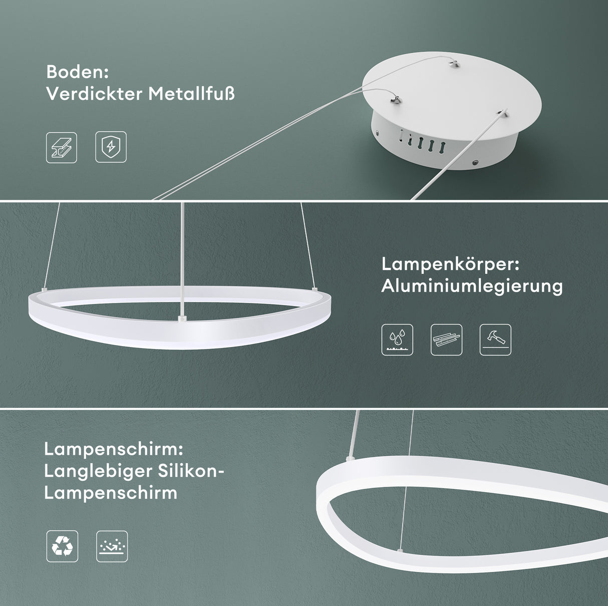 glasvilla Lampadario a Sospensione 16W, 50CM, Lampada da Soffitto a Sospensione 3000K/4000K/6000K con Cavo Regolabile per Camera da Letto e Soggiorno