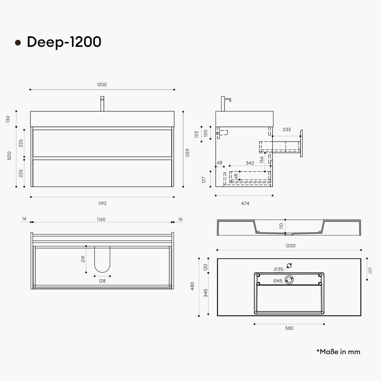 glasvilla Badmöbel Set Badezimmermöbel 120cm Waschbecken Waschtisch mit Unterschrank Deep