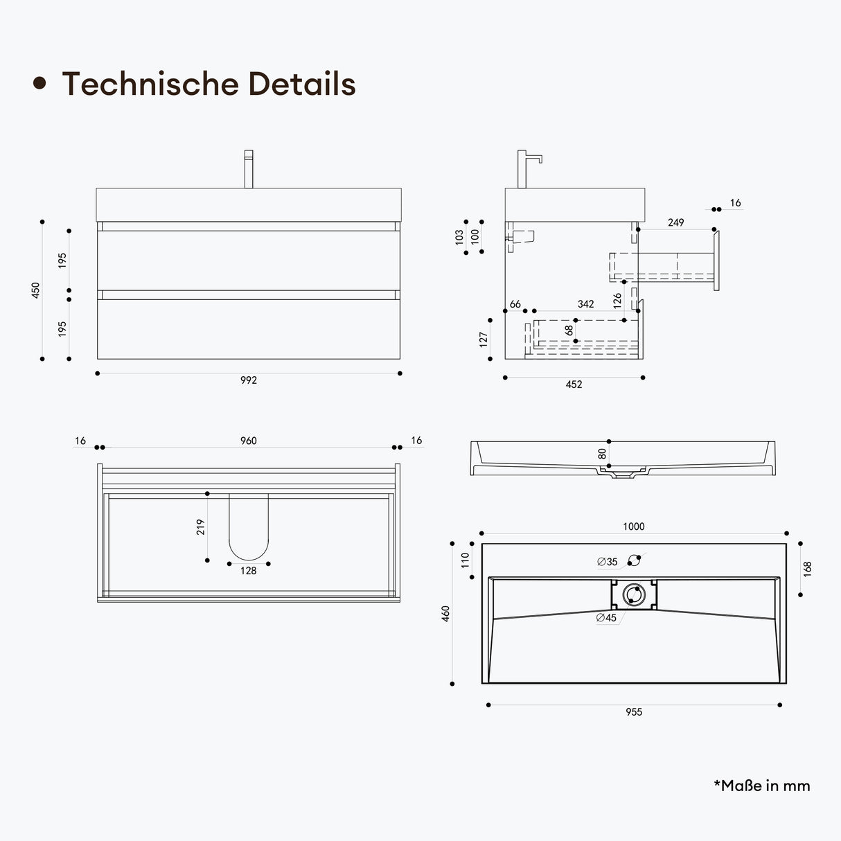 conjunto de muebles de baño glasvilla lavabo bajo encimera Verona con 2 cajones incluido lavabo y juego de desagüe