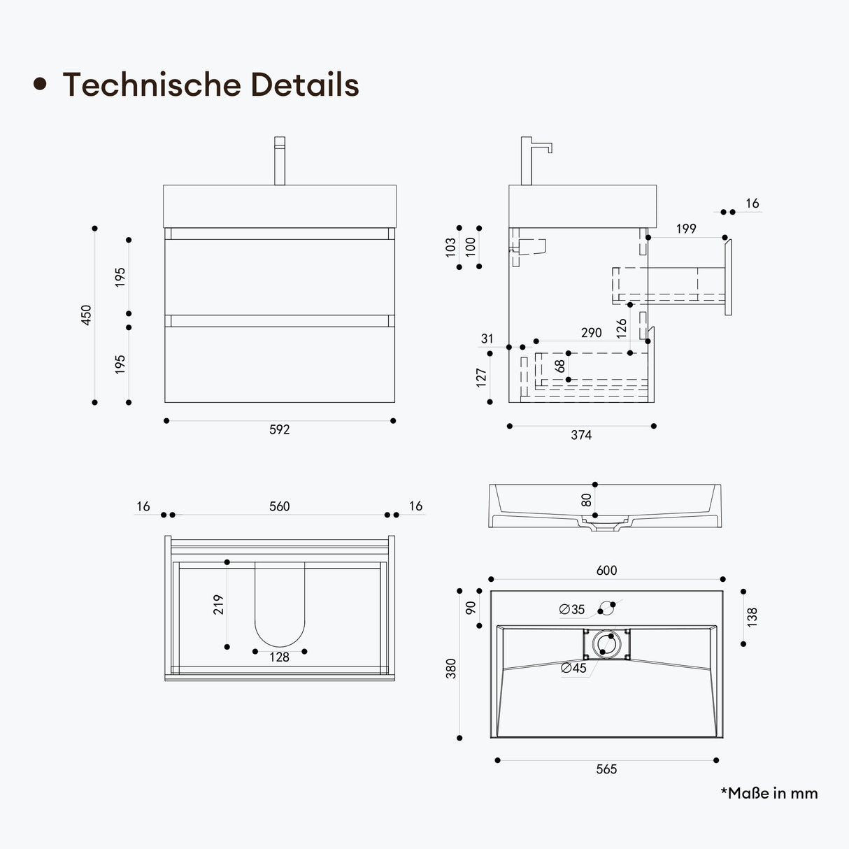 conjunto de muebles de baño glasvilla lavabo bajo encimera Verona con 2 cajones incluido lavabo y juego de desagüe