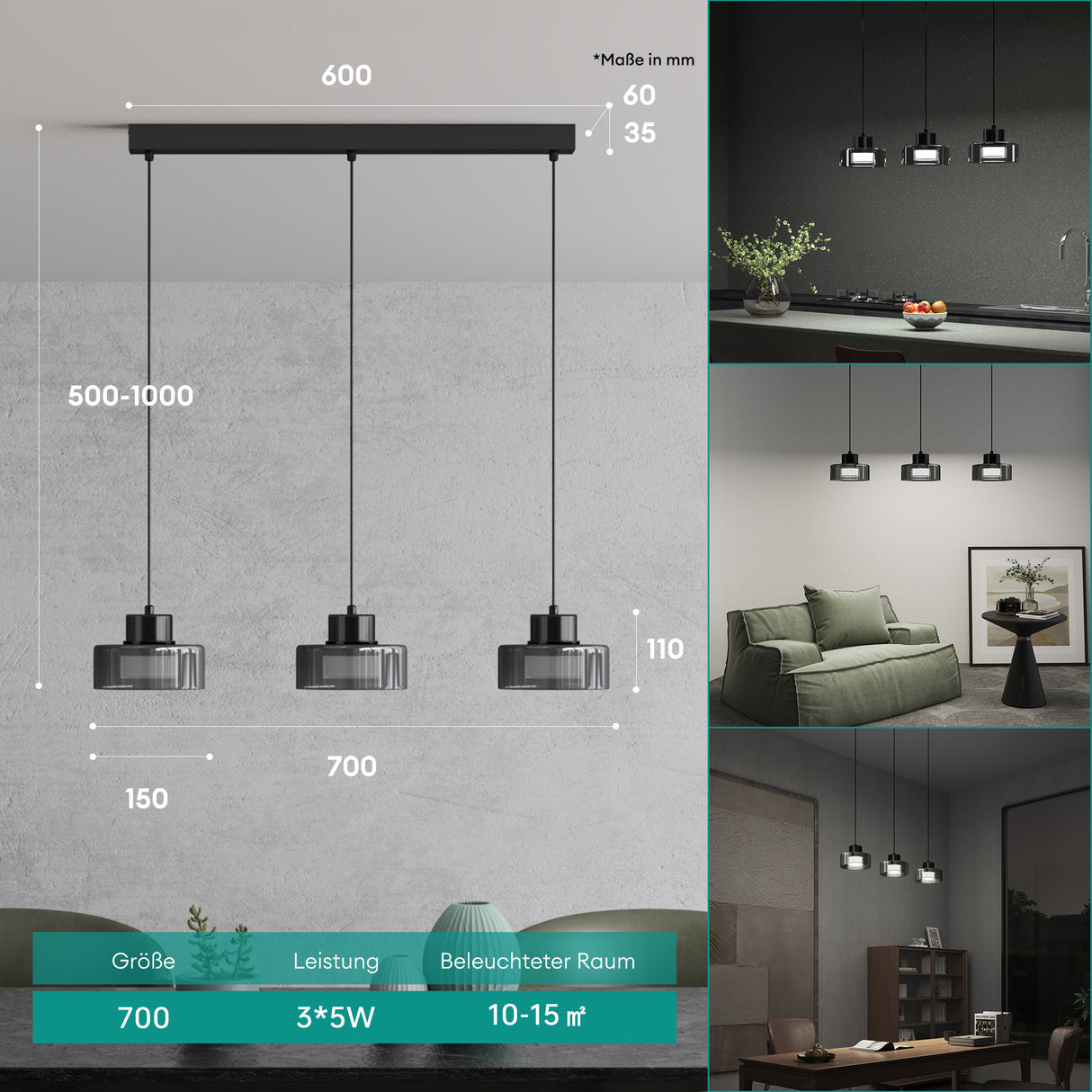 glasvilla Lampadario a Sospensione Temperature di Colore 3000K/4000K/6000K Lampada da Soffitto a Sospensione con Cavo Regolabile per Sala da Pranzo, Camera da Letto e Soggiorno