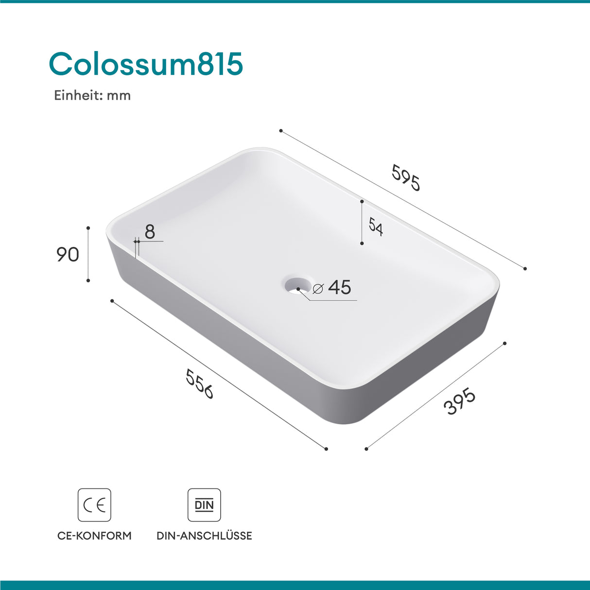 glasvilla Lavabo Lavabo sobre encimera de mineral compuesto Cuenco de lavabo mueble de baño incl. Conexiones estándar DIN-Col815
