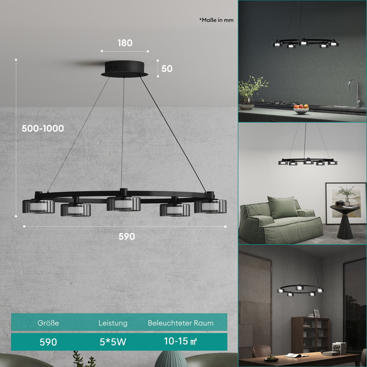 glasvilla Lampadario a Sospensione Temperature di Colore 3000K/4000K/6000K Lampada da Soffitto a Sospensione con Cavo Regolabile per Sala da Pranzo, Camera da Letto e Soggiorno