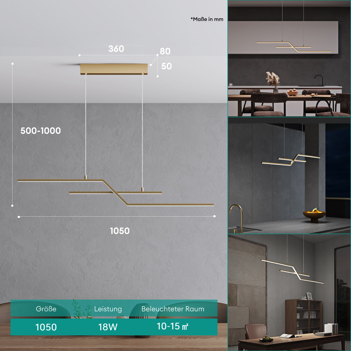 glasvilla Pendelleuchte 105cm LED Hängelampe Linear design 3000K/4000K/6000K Verstellbares Kabel 18W Hängeleuchte Alivetta7085