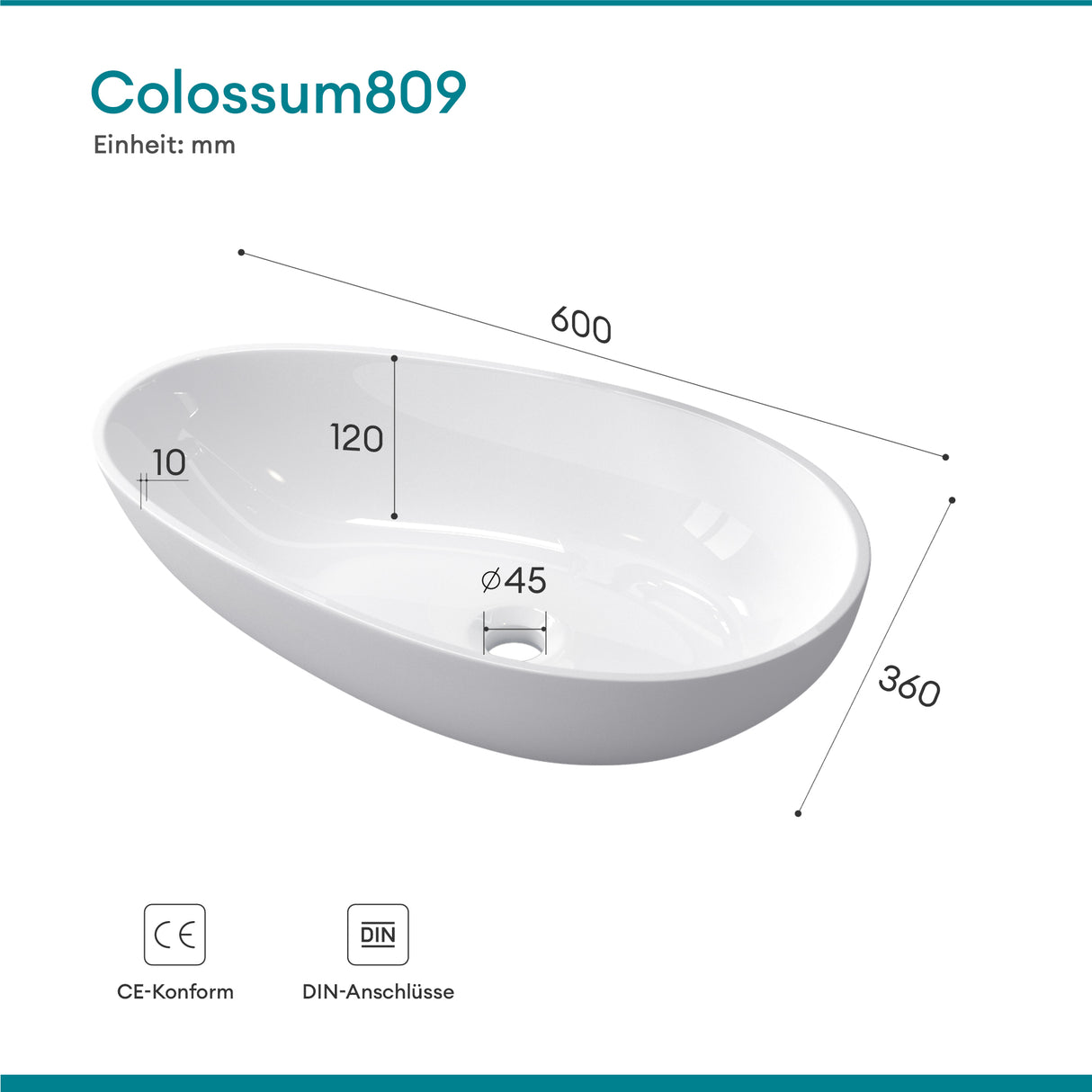 lavabo ovalado de encimera sin orificio para grifo y desagüe Col809