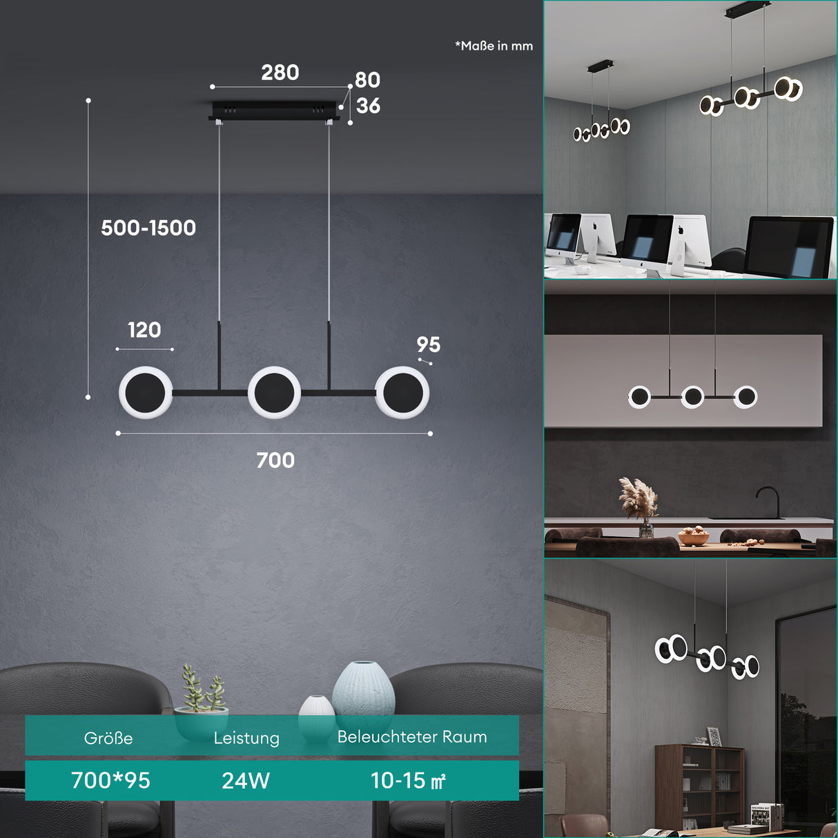glasvilla Pendelleuchte 70cm LED Hängelampe Dimmbar mit Fernbedienung 3000K/4000K/6000K Verstellbares Kabel 24W matt Schwarz Hängeleuchte für Esszimmer Wohnzimmer Schlafzimmer