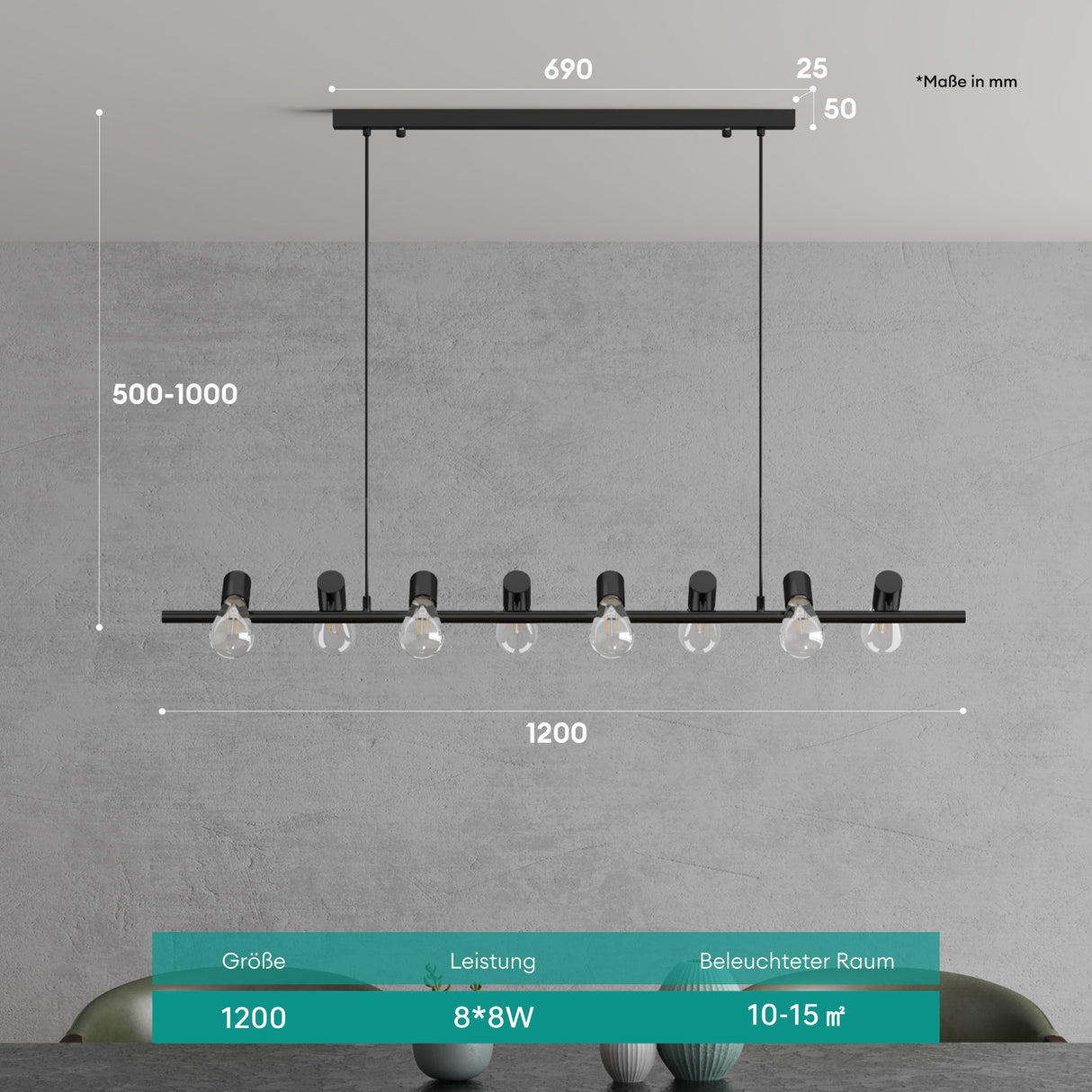 glasvilla Pendelleuchte 120cm LED Hängelampe 8 Flammig 4000K Verstellbares Kabel E27 Schwarz Hängeleuchte für Esszimmer Wohnzimmer Schlafzimmer