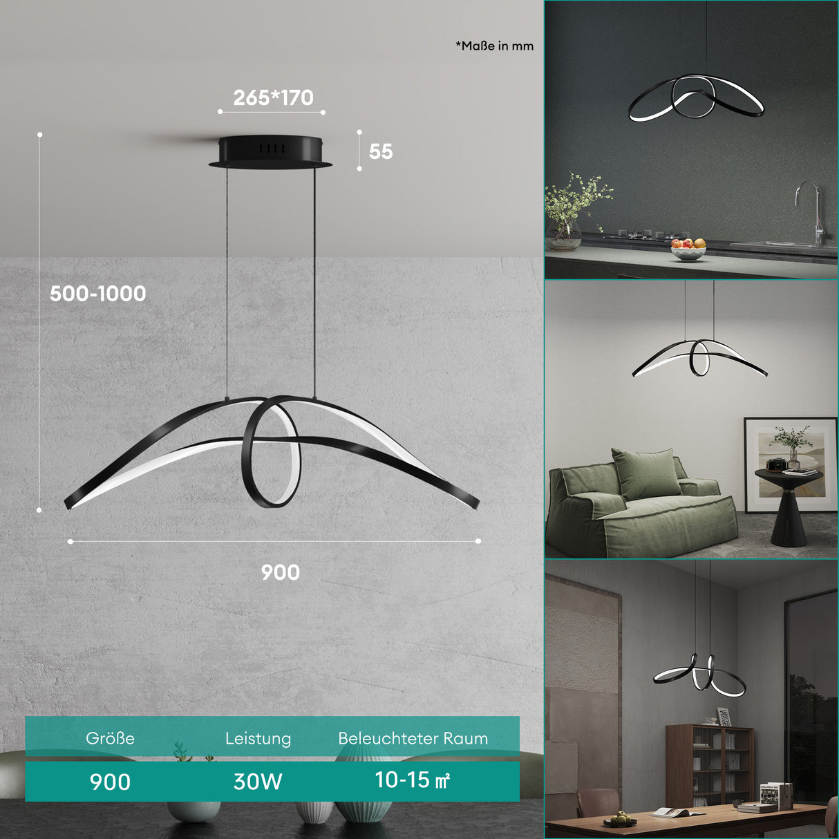 glasvilla Pendelleuchte LED Hängelampe Verstellbares Kabel Hängeleuchte für Esszimmer Wohnzimmer Schlafzimmer