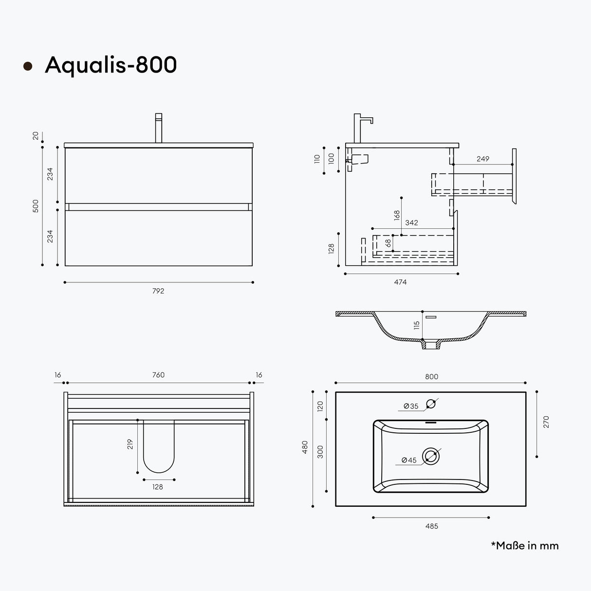 glasvilla Badmöbel-Set Waschtisch mit Unterschrank Mineralguss Waschbecken in Anthrazit Waschbeckenunterschrank 2-Schubladen Soft-Close Aqualis