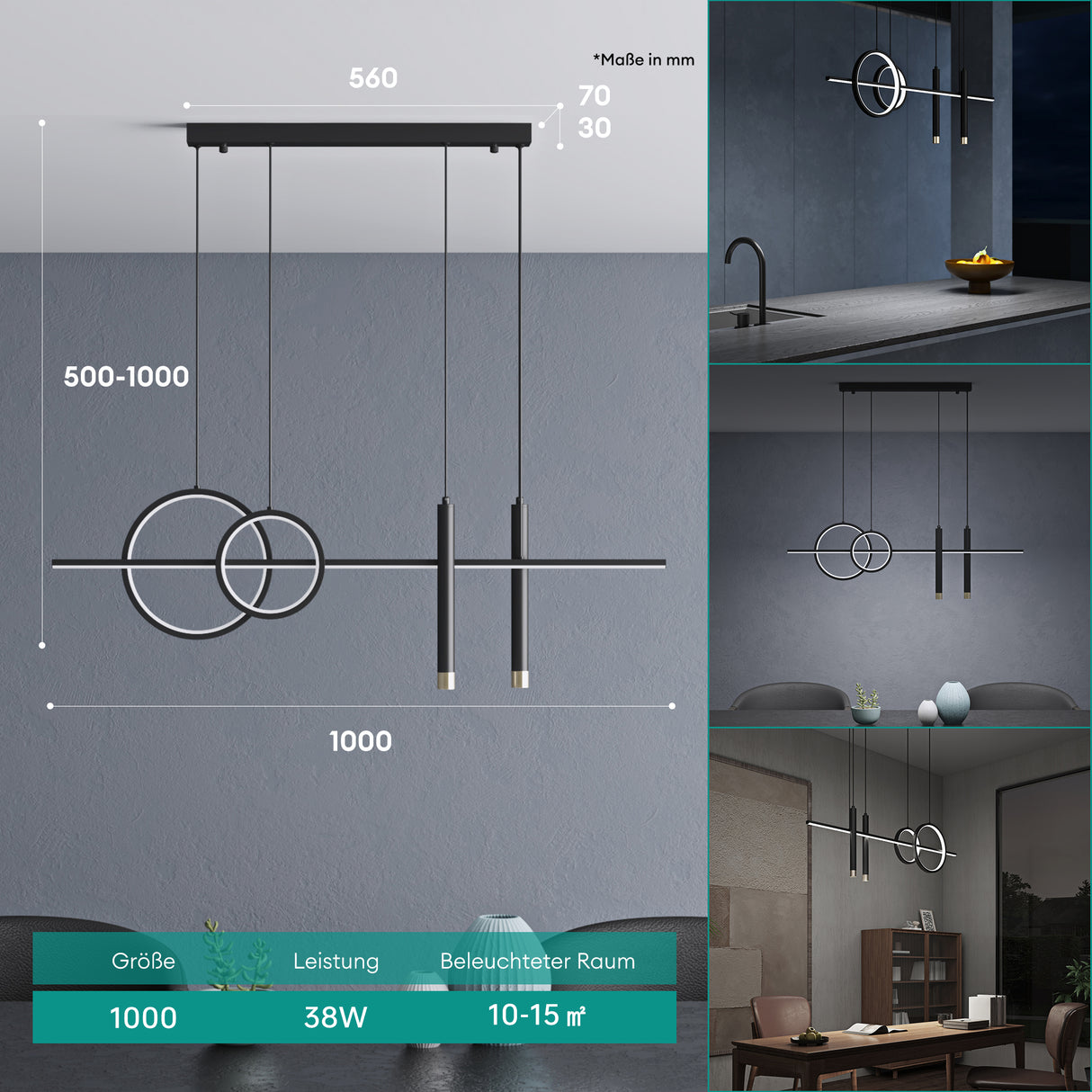 Suspension Glasvilla 100 cm, lampe LED suspendue, design linéaire, 3000K/4000K/6000K, câble réglable, 38W, idéale pour salle à manger, salon ou chambre.