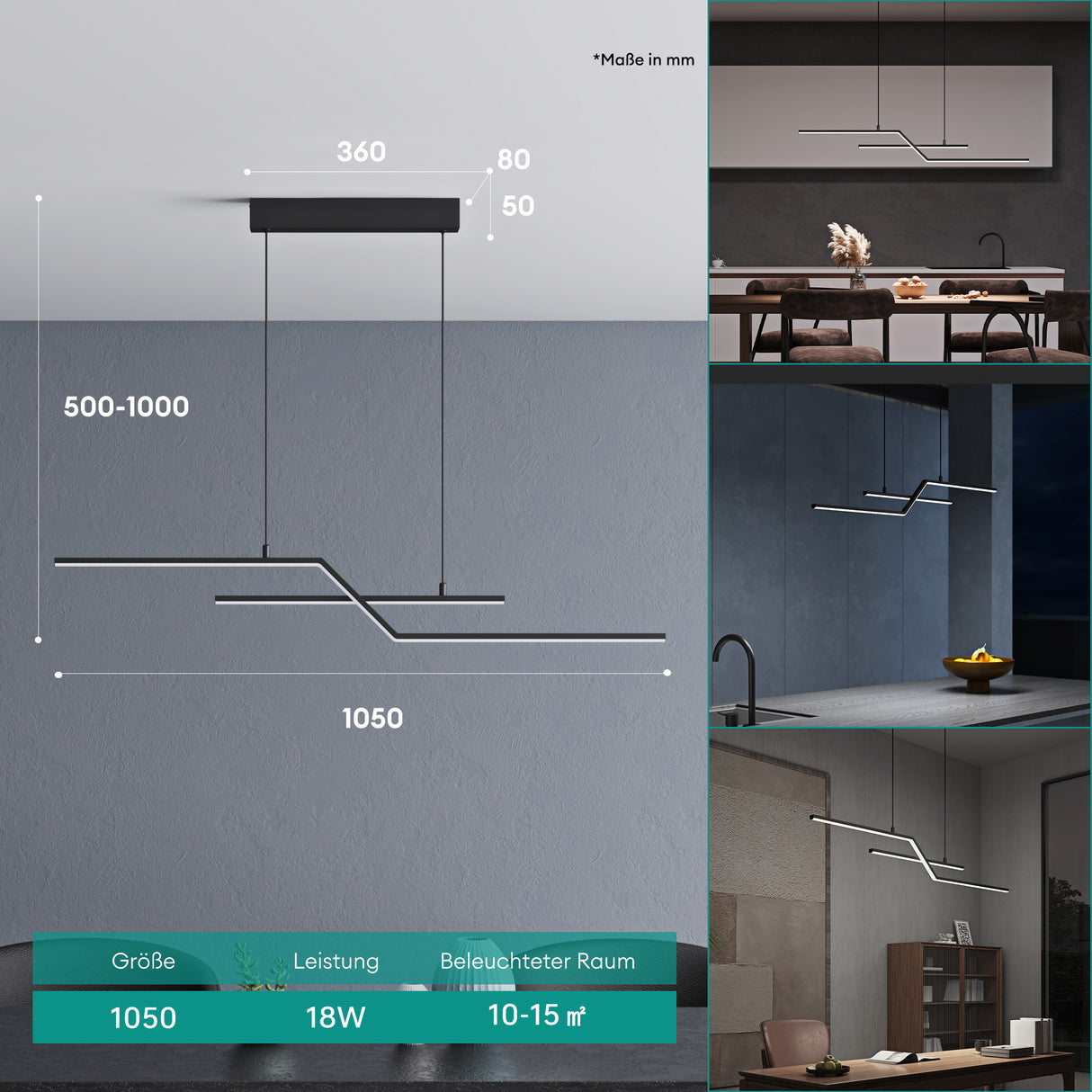 glasvilla Pendelleuchte 105cm LED Hängelampe Linear design 3000K/4000K/6000K Verstellbares Kabel 18W Hängeleuchte Alivetta7085