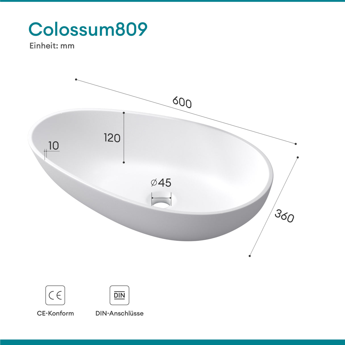 lavabo ovalado de encimera sin orificio para grifo y desagüe Col809