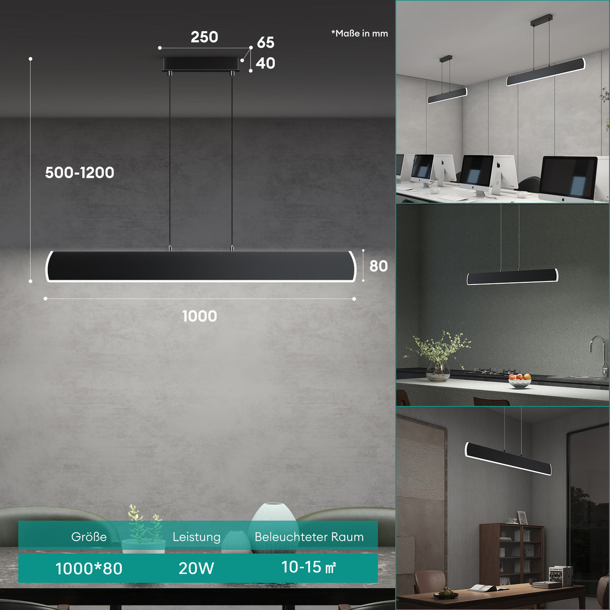 glasvilla Lampadario a Sospensione 20W, 100 CM Lampada da Soffitto a Sospensione Dimmerabile con Telecomando 3000K/4000K/6000K per Camera da Letto e Soggiorno